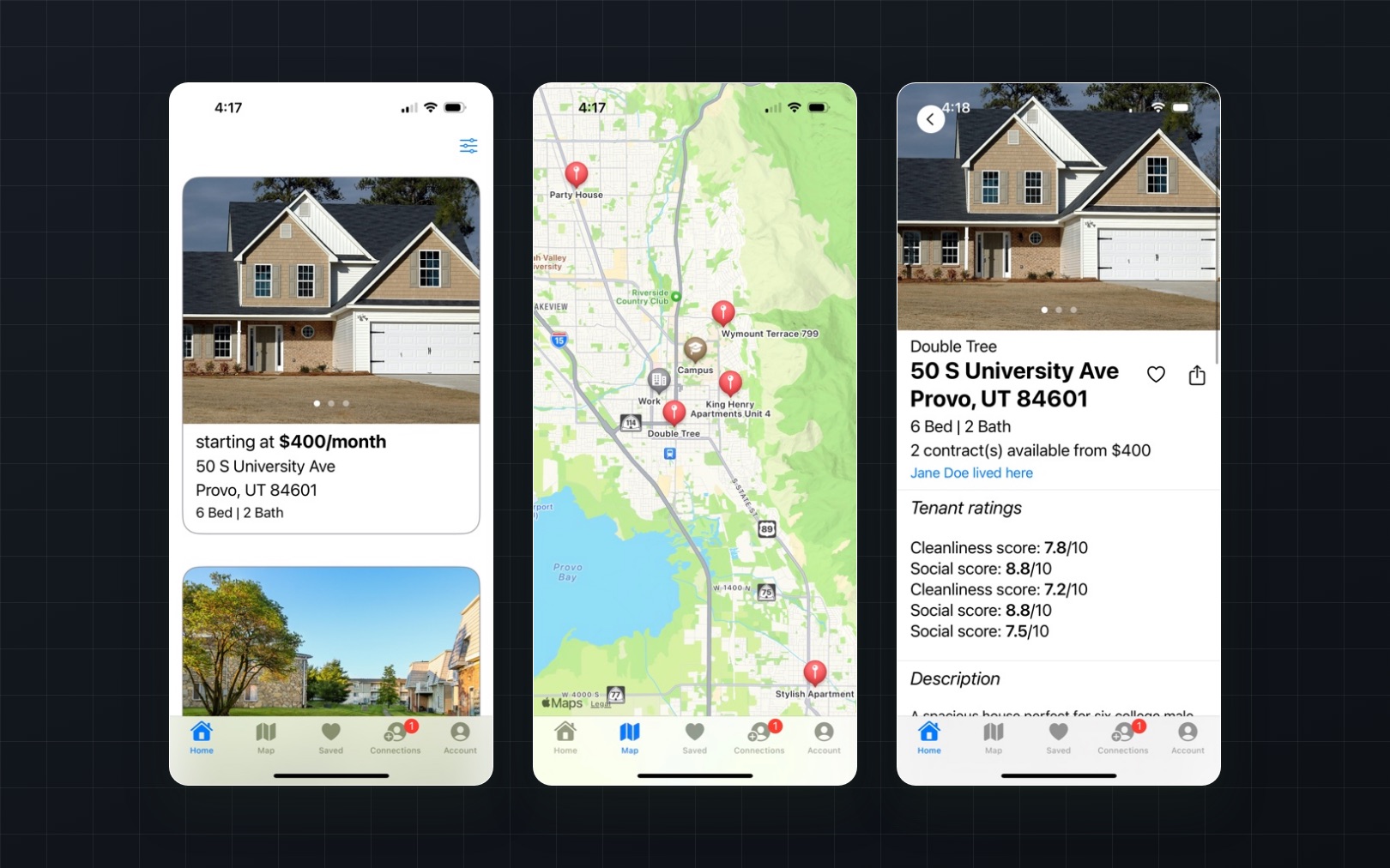 Three CASA app screens: the listing feed, a map of Provo with housing and campus pins, and a property page showing tenant ratings.