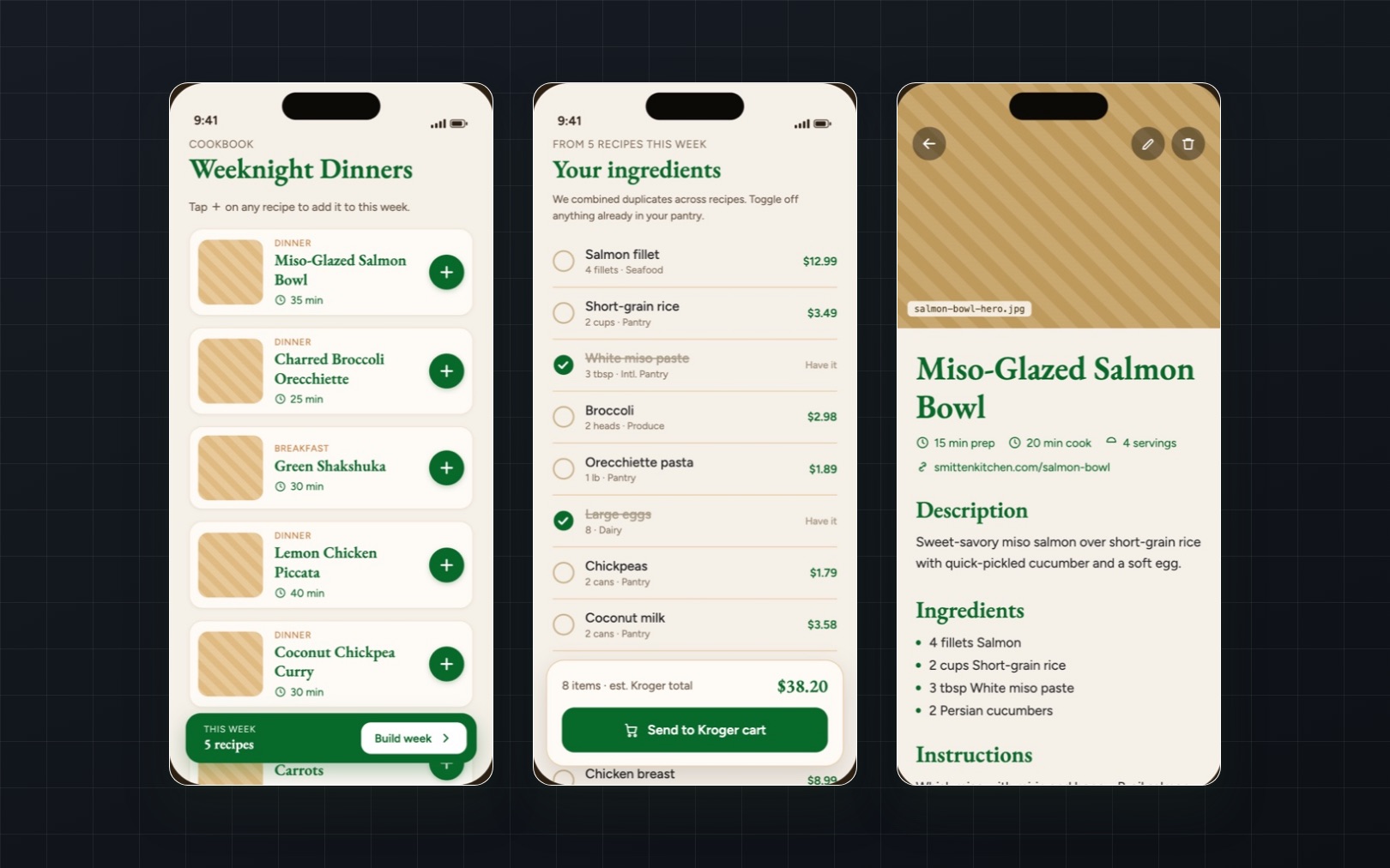Three Cookbooks app screens: a cookbook of weeknight recipes with a week builder, a consolidated ingredient list, and a recipe detail page.