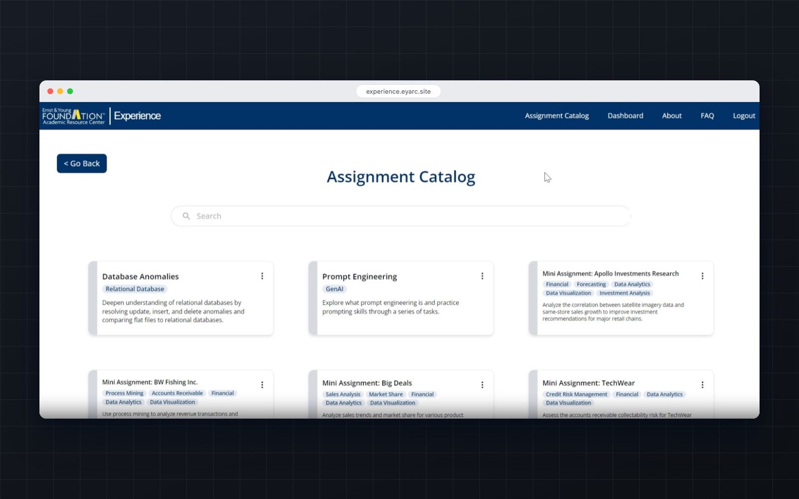 The EYARC Experience assignment catalog in a browser, showing searchable accounting assignments tagged by skill.