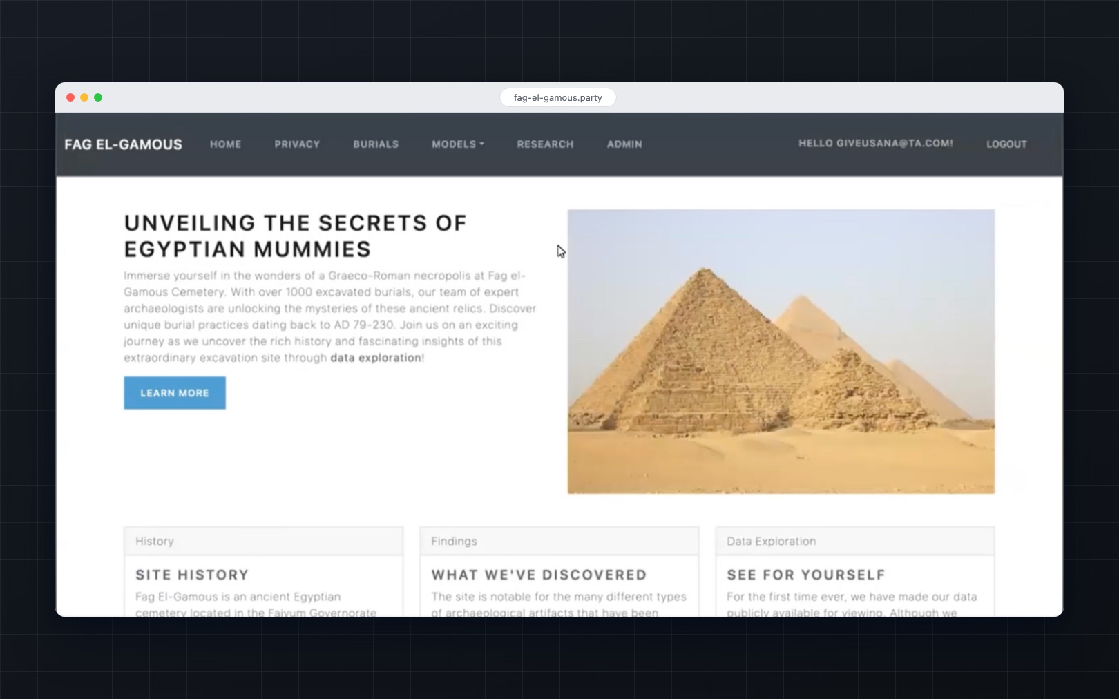 The Fag el-Gamous research site in a browser, introducing the Graeco-Roman necropolis and its publicly explorable burial data.